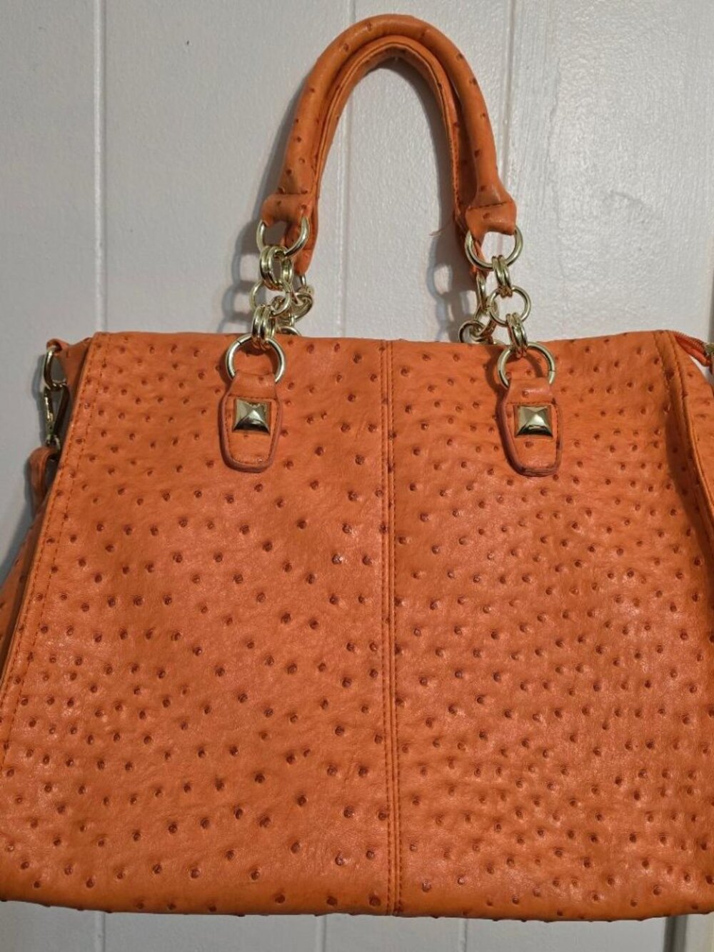 Imoshion Sachel Tote Orange Ostrich Embossed Bag w/gold hardware Faux Leather